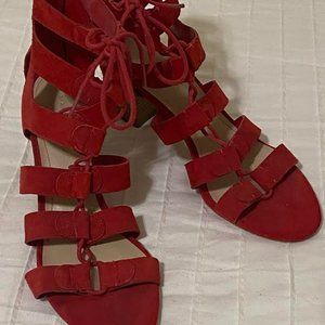Red Suede Strappy Wedge Sandals - Size 8